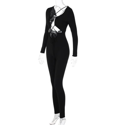 Cross front long sleeve hollow out lace up solid jumpsuit - Final Sale