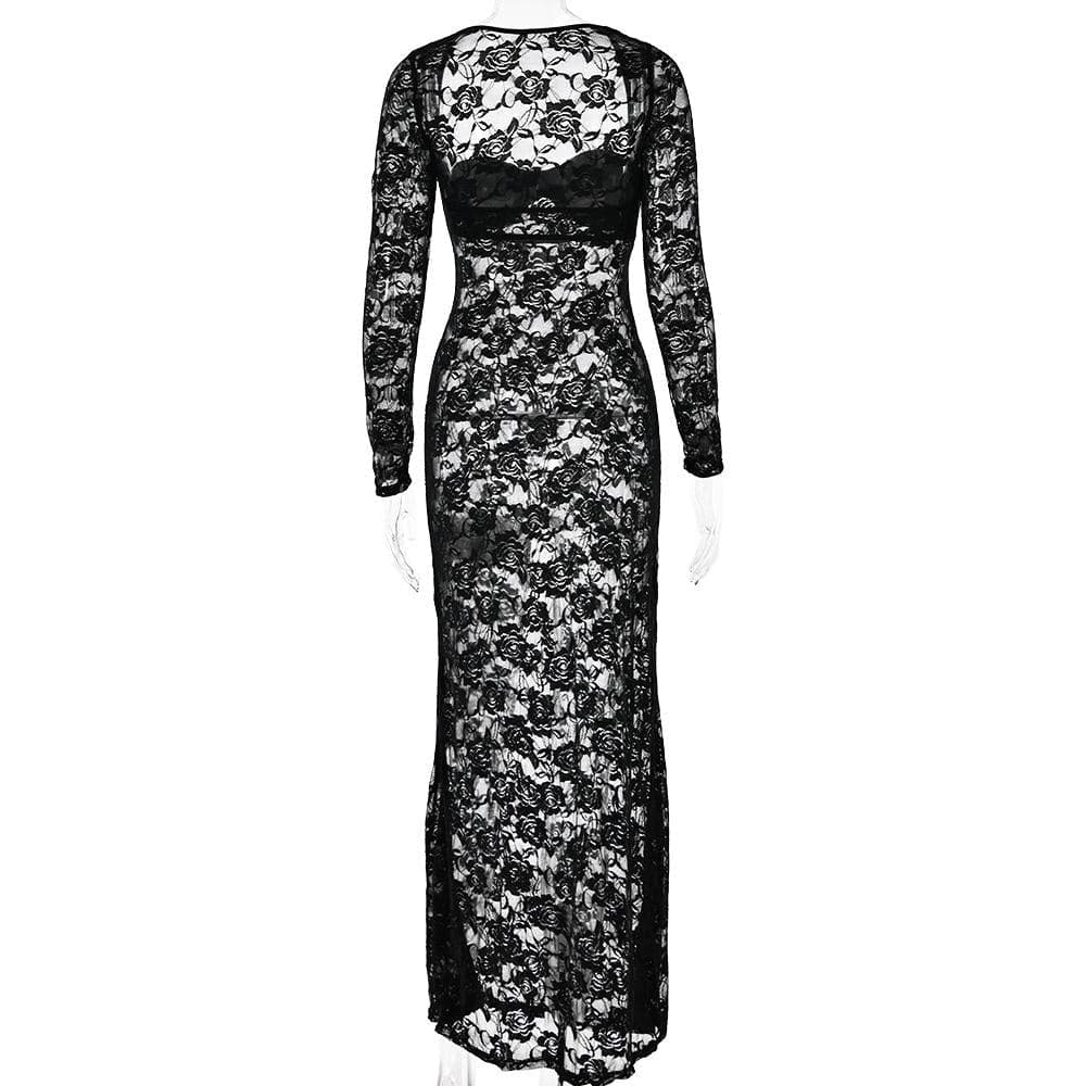 Long sleeve lace see through sweetheart neck maxi dress