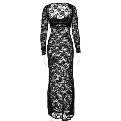 Long sleeve lace see through sweetheart neck maxi dress