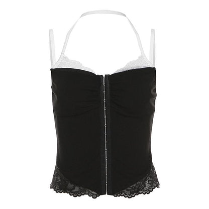 Halter lace hem button patchwork ribbed cami top