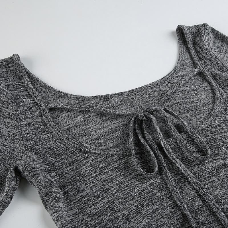 Long sleeve u neck self tie solid top