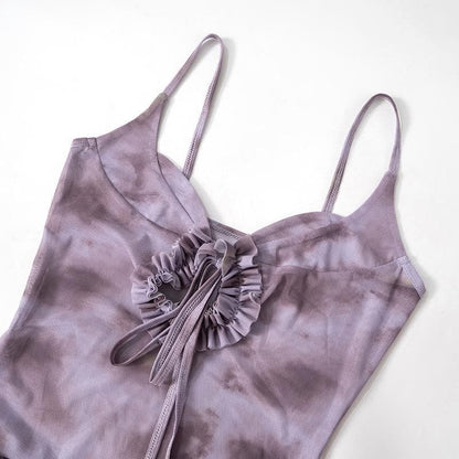 Mesh self tie print high slit ruffle cami maxi dress