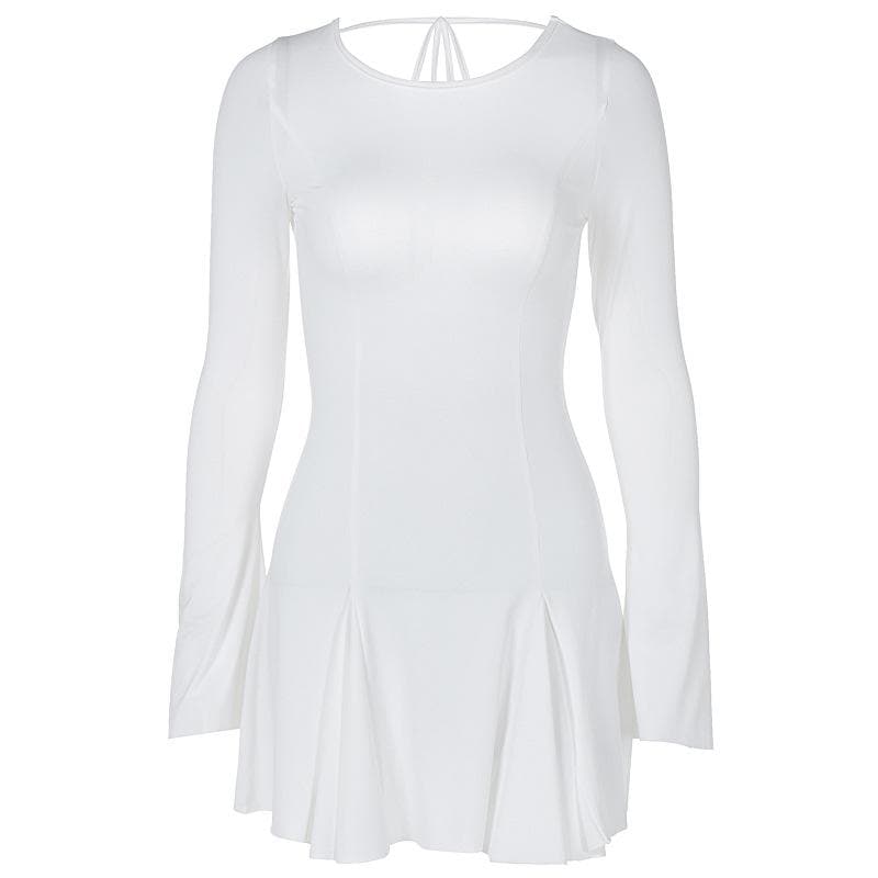 Long Sleeve Princess Seam Crisscross Back Tie Pleated Skater Mini Dress