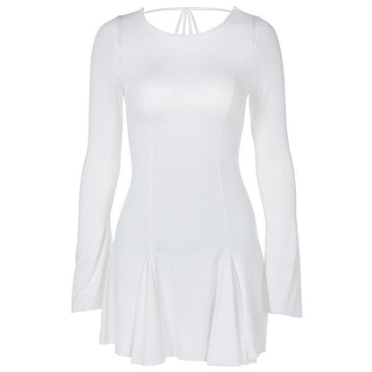 Long Sleeve Princess Seam Crisscross Back Tie Pleated Skater Mini Dress