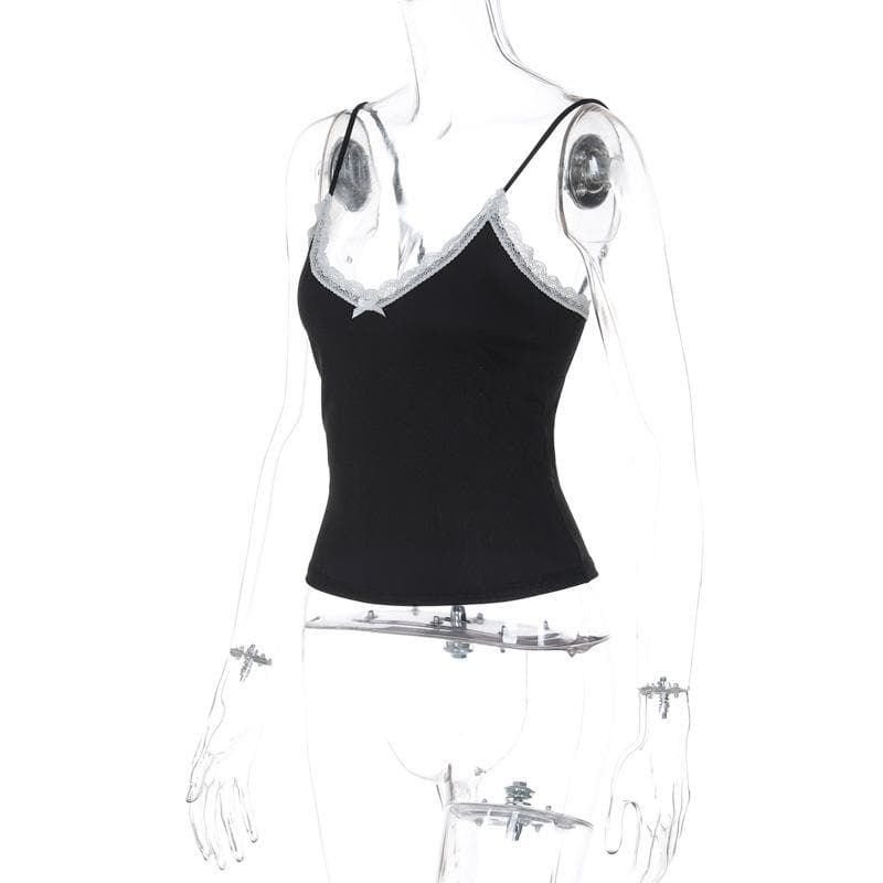 Bowknot lace hem v neck contrast cami top