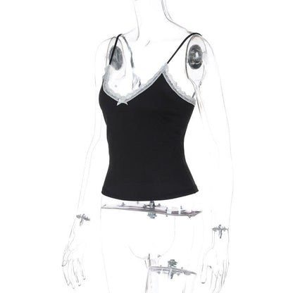 Bowknot lace hem v neck contrast cami top