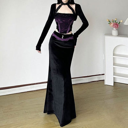 Velvet lace hem beaded maxi skirt