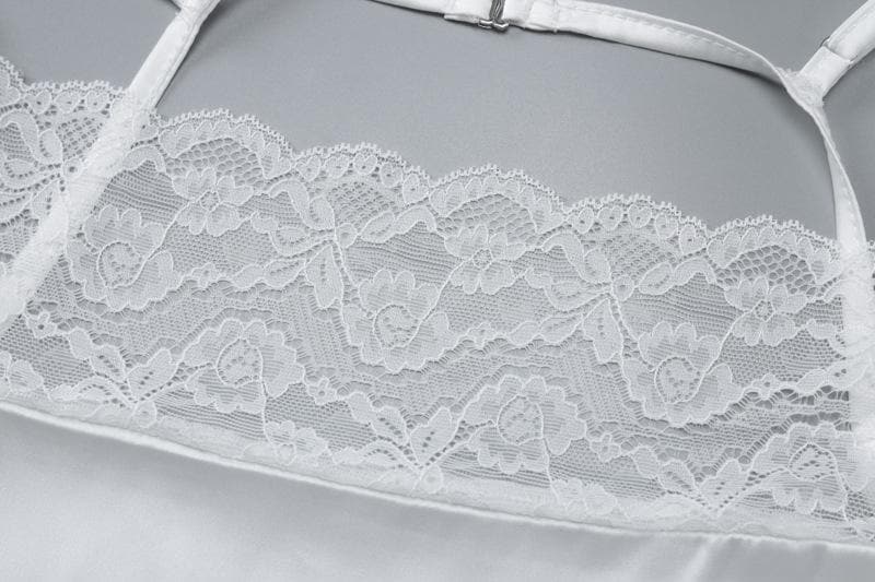 Lace satin patchwork irregular high slit ruched cami maxi dress