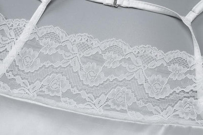 Lace satin patchwork irregular high slit ruched cami maxi dress