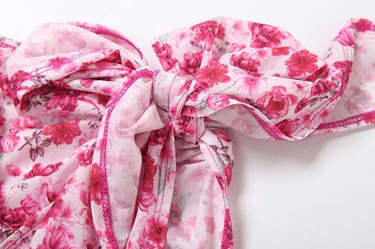 One shoulder knotted slit flower print ruffle maxi dress-final-sale