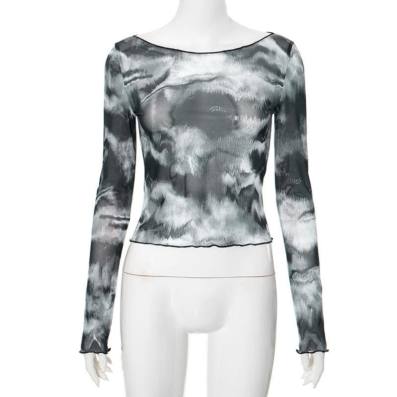 Long sleeve sheer mesh tie dye top