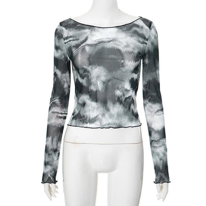 Long sleeve sheer mesh tie dye top