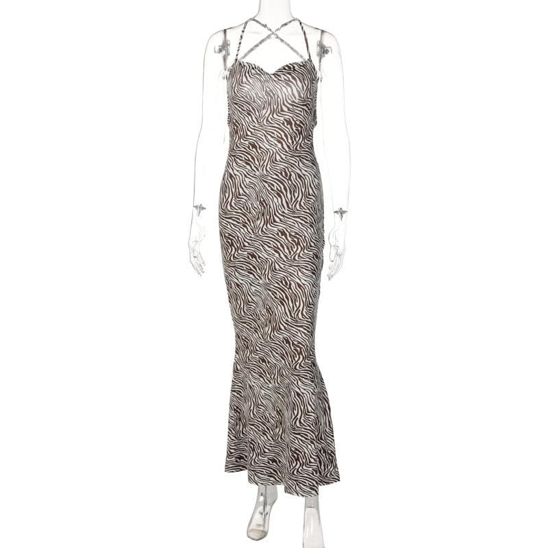 Zebra Print Criss Cross Back Cowl Neck Mermaid Maxi Dress