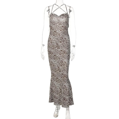 Zebra Print Criss Cross Back Cowl Neck Mermaid Maxi Dress