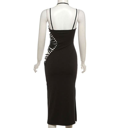 Irregular hollow out halter o ring cami slit cut out midi dress