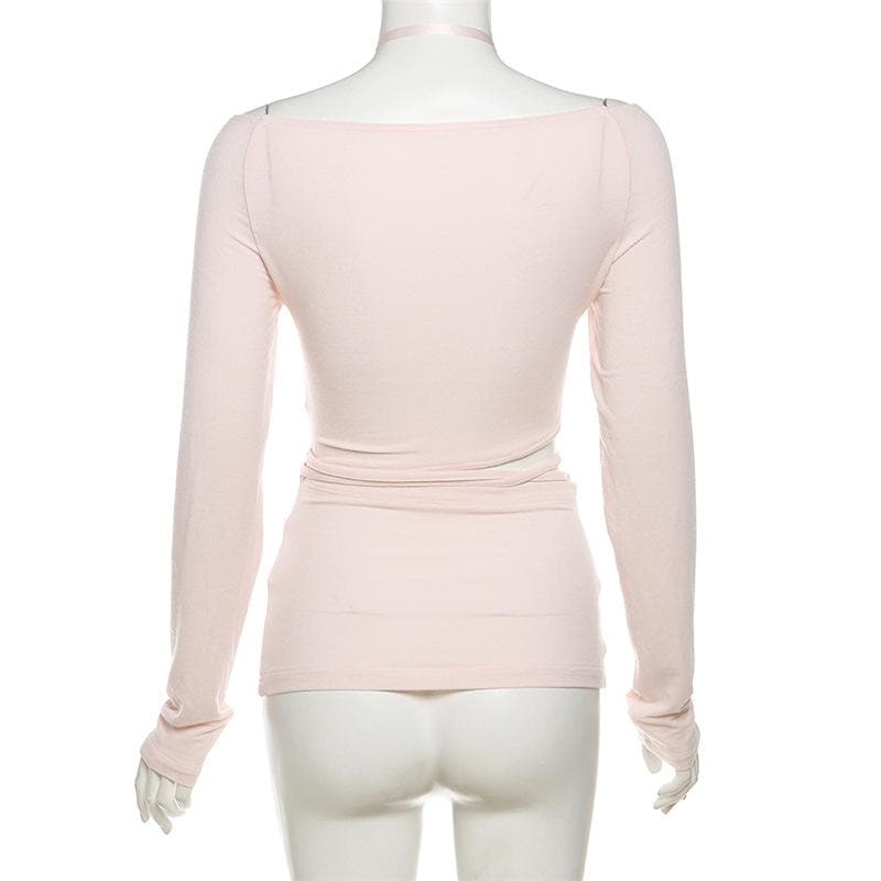 Long sleeve halter ribbon round neck top