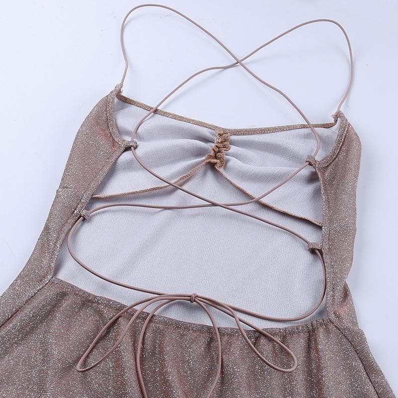 Glitter Spaghetti Strap Cross Back Ruched Asymmetric Ruffle Hem Mini Dress
