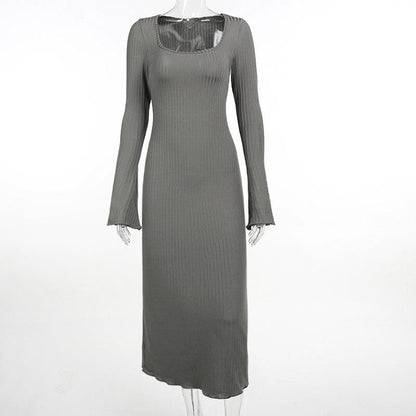 Ribbed long flared sleeve solid square neck ruffle maxi dress