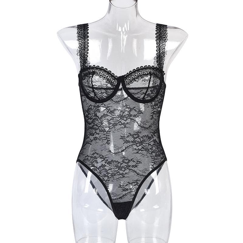 Sheer lace see through backless cami bodysuit