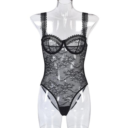 Sheer lace see through backless cami bodysuit