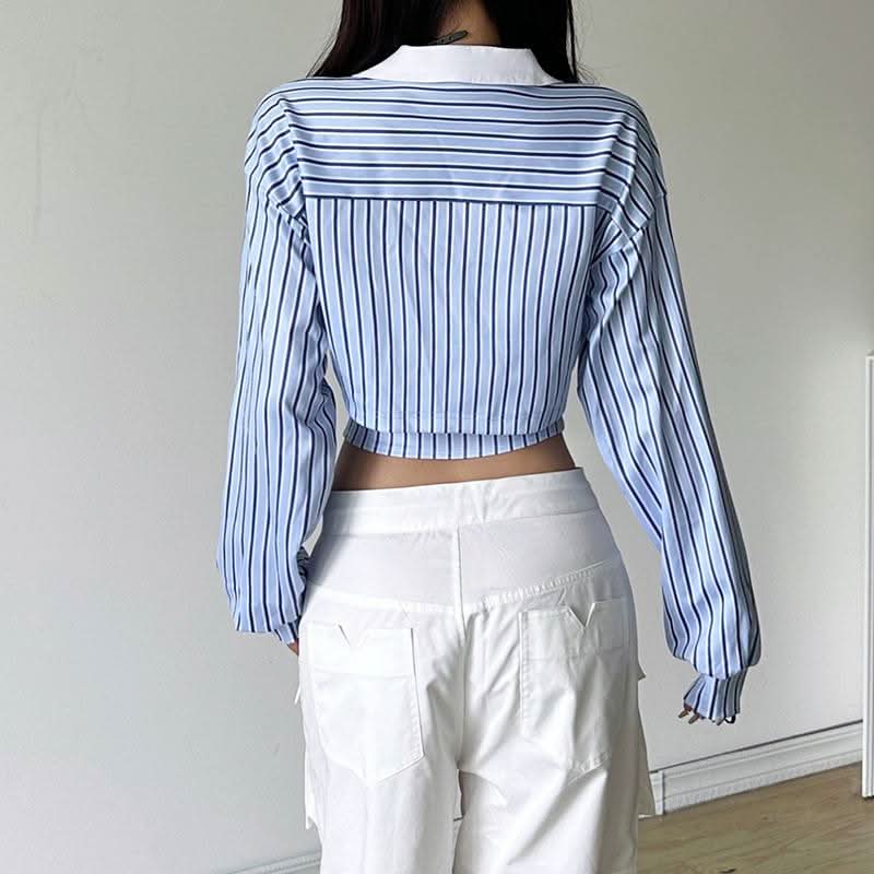 Turnover collar long sleeve striped letter print top