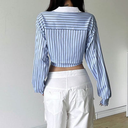 Turnover collar long sleeve striped letter print top