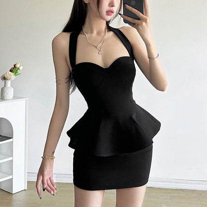 Halter ruffle v neck zip-up backless solid mini dress