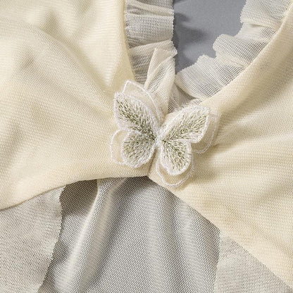 Halter lace hem ruffle butterfly embroidery mesh top