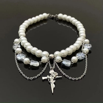 Rose cross pendant faux pearl choker necklace