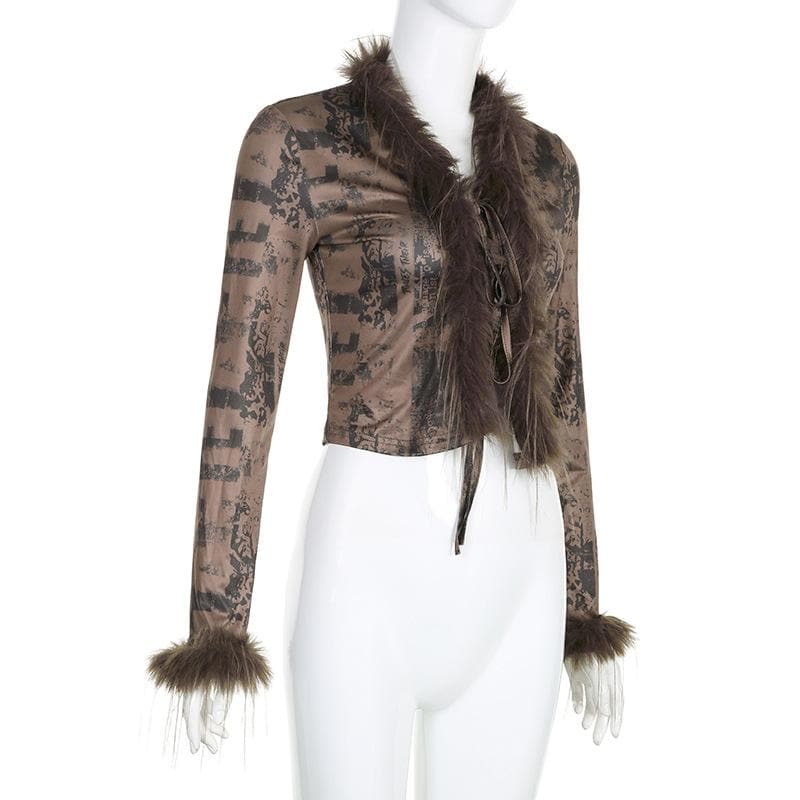 Feather patchwork long sleeve contrast self tie top
