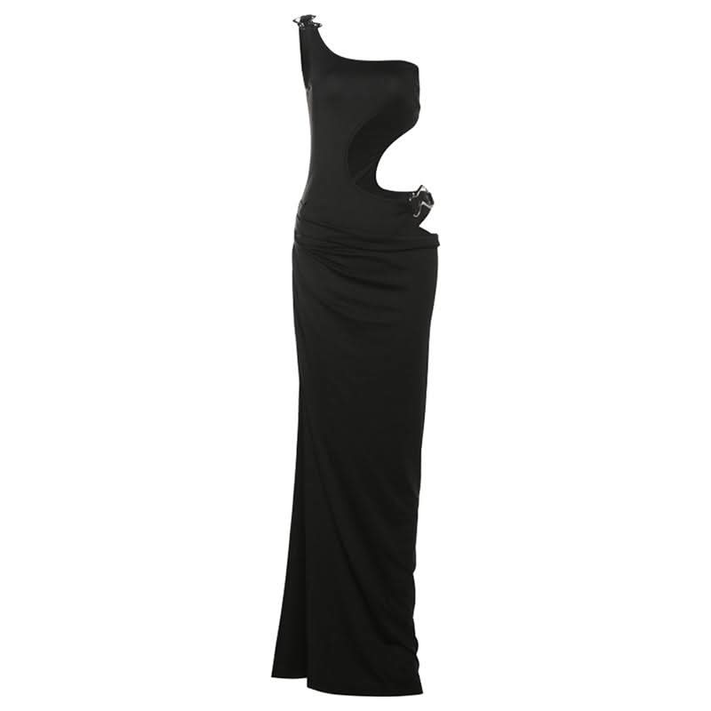 One shoulder hollow out high slit irregular cut out maxi dress