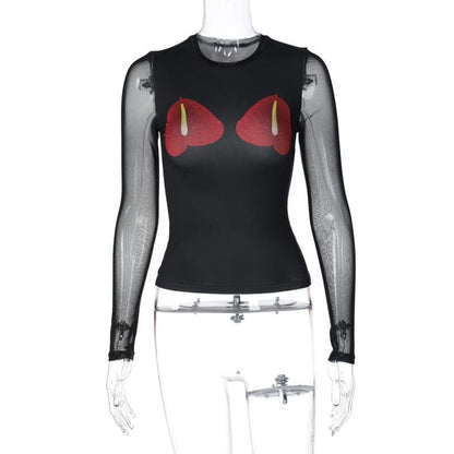 Long sleeve mesh crewneck flower pattern patchwork top