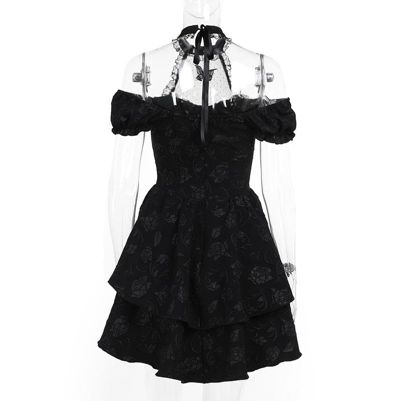 Short sleeve halter off shoulder butterfly flower pattern lace mini dress