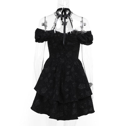 Short sleeve halter off shoulder butterfly flower pattern lace mini dress