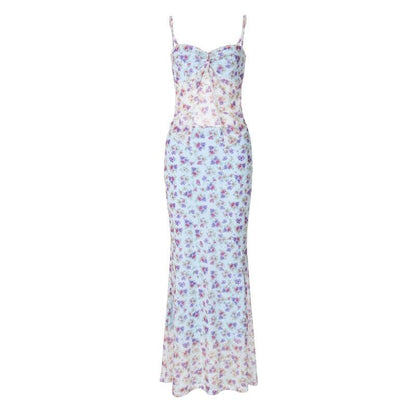 Print ruched high slit sweetheart neck mesh cami maxi skirt set