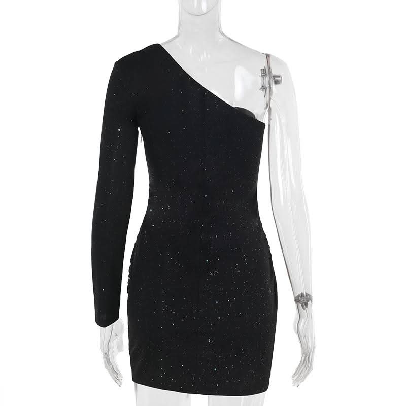 Irregular long sleeve one shoulder ruched mini dress
