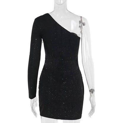 Irregular long sleeve one shoulder ruched mini dress
