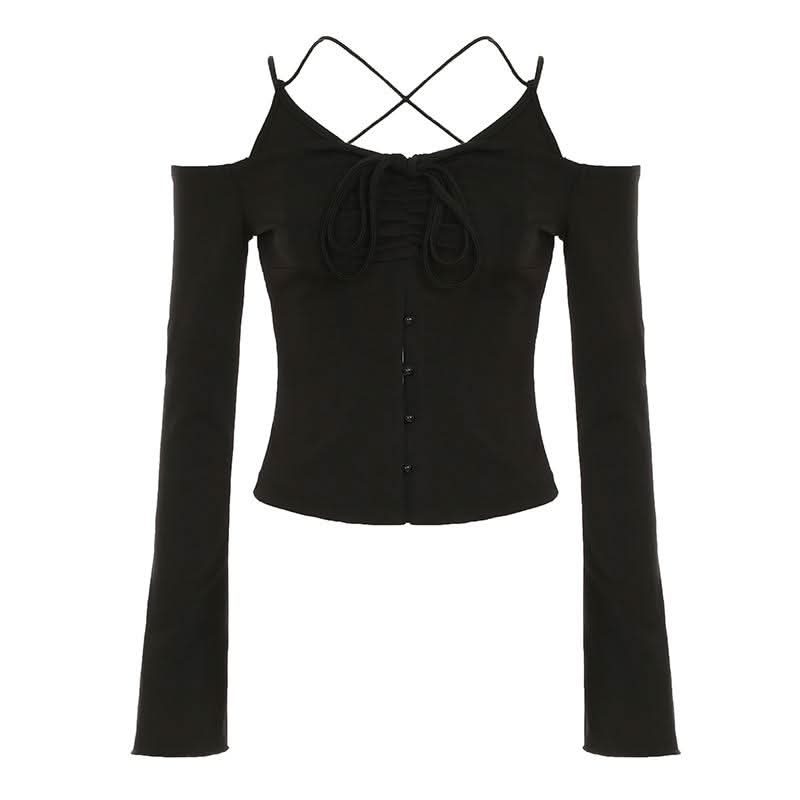 Off shoulder long sleeve self cross back button top