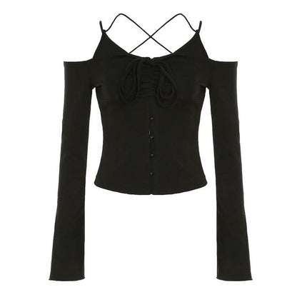 Off shoulder long sleeve self cross back button top