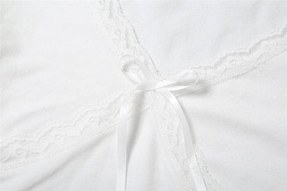 Lace hem solid short sleeve v neck bowknot crop top