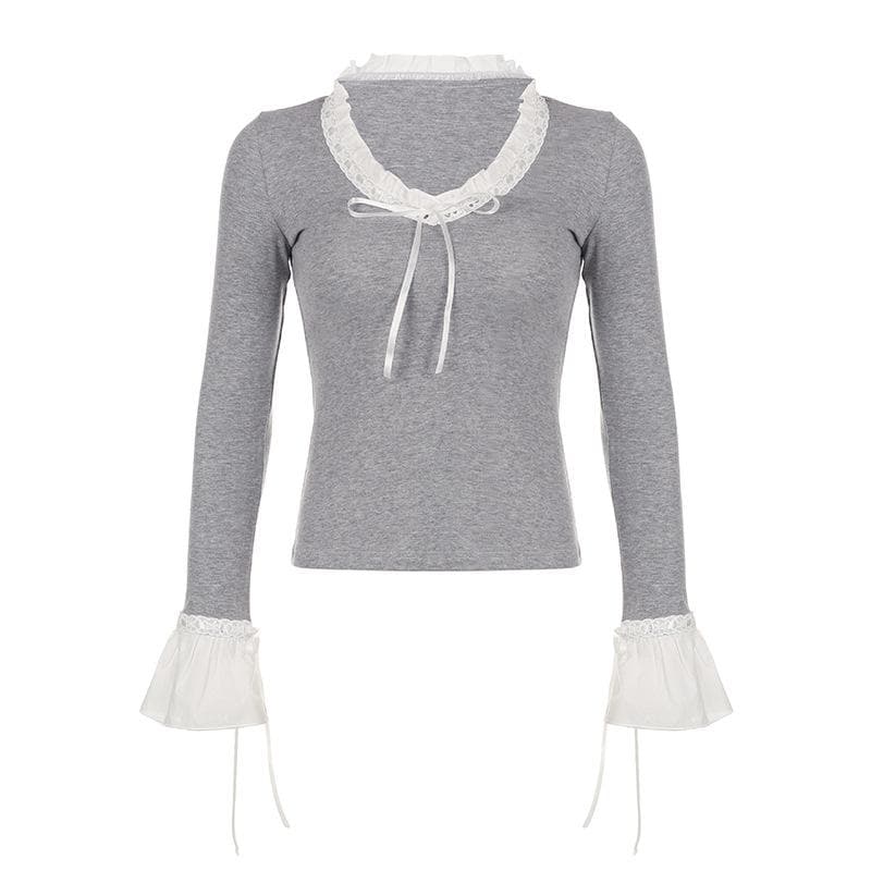 Flared sleeve ruffle patchwork long sleeve contrast top