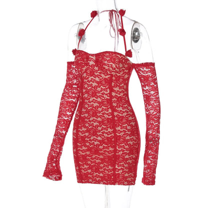 Halter long sleeve off shoulder lace mini dress