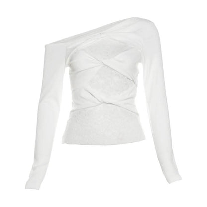 Off shoulder long sleeve lace patchwork top