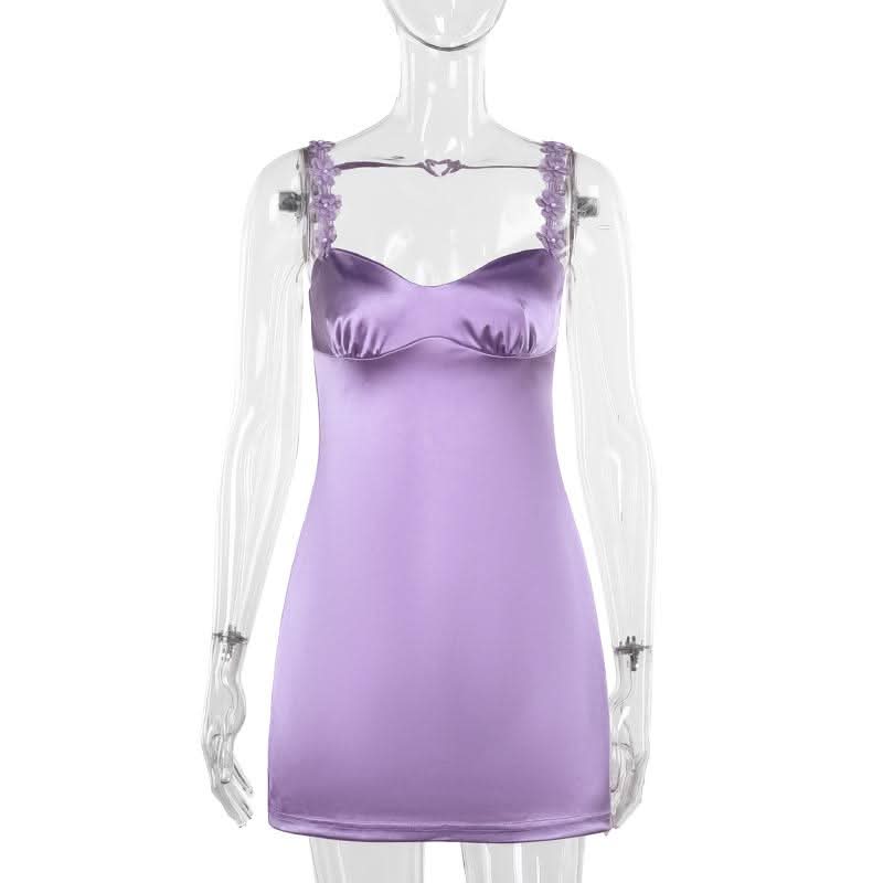 V neck flower applique ruched cami mini dress