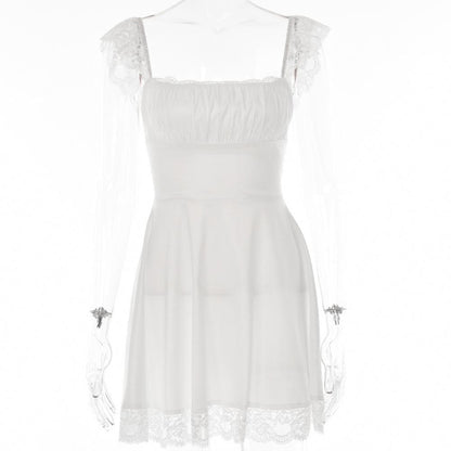 Lace hem solid cap sleeve zip-up ruched lace up mini dress