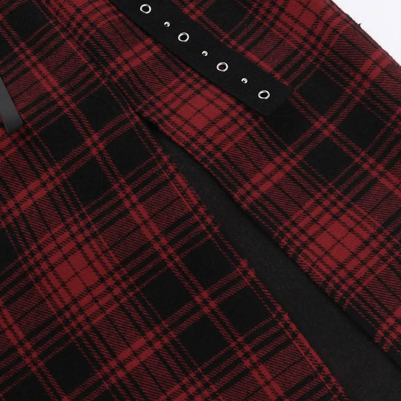Hollow out plaid print lace up lace slit cut out midi dress