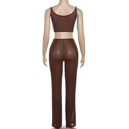 Bowknot applique sheer mesh self tie tank pant set