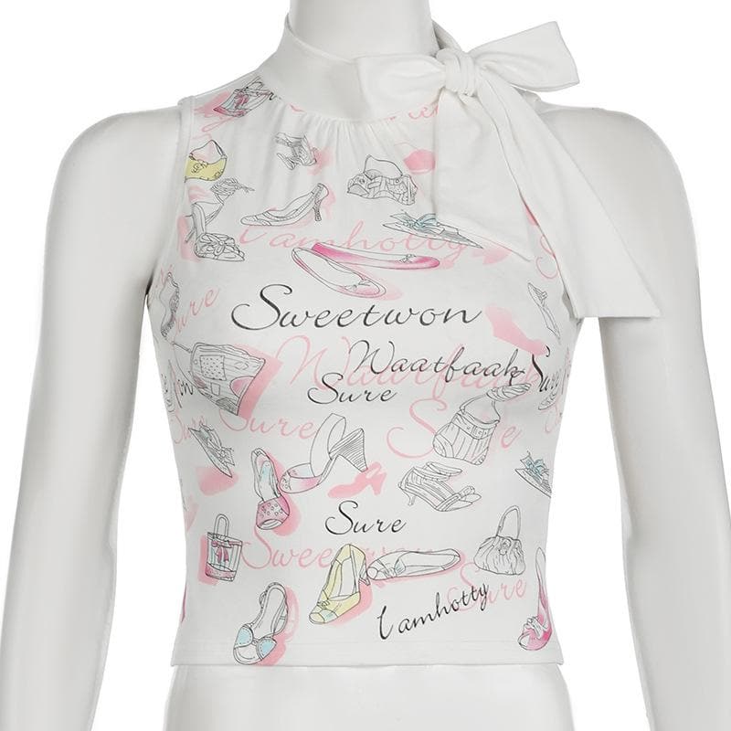Sleeveless bowknot print crop top