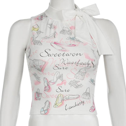 Sleeveless bowknot print crop top