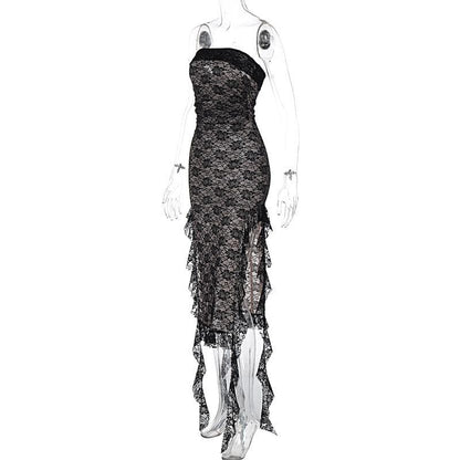 Strapless Floral Lace Ruffle Side Ribbon Contrast Tube Midi Dress